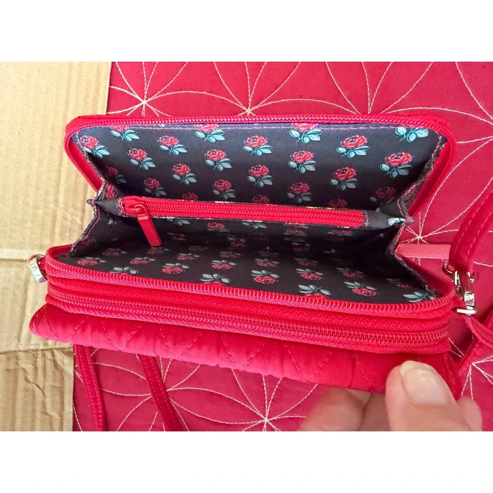 Vera Bradley Red Quilted Microfiber RFID All In One Crossbody Wallet Bag Rose